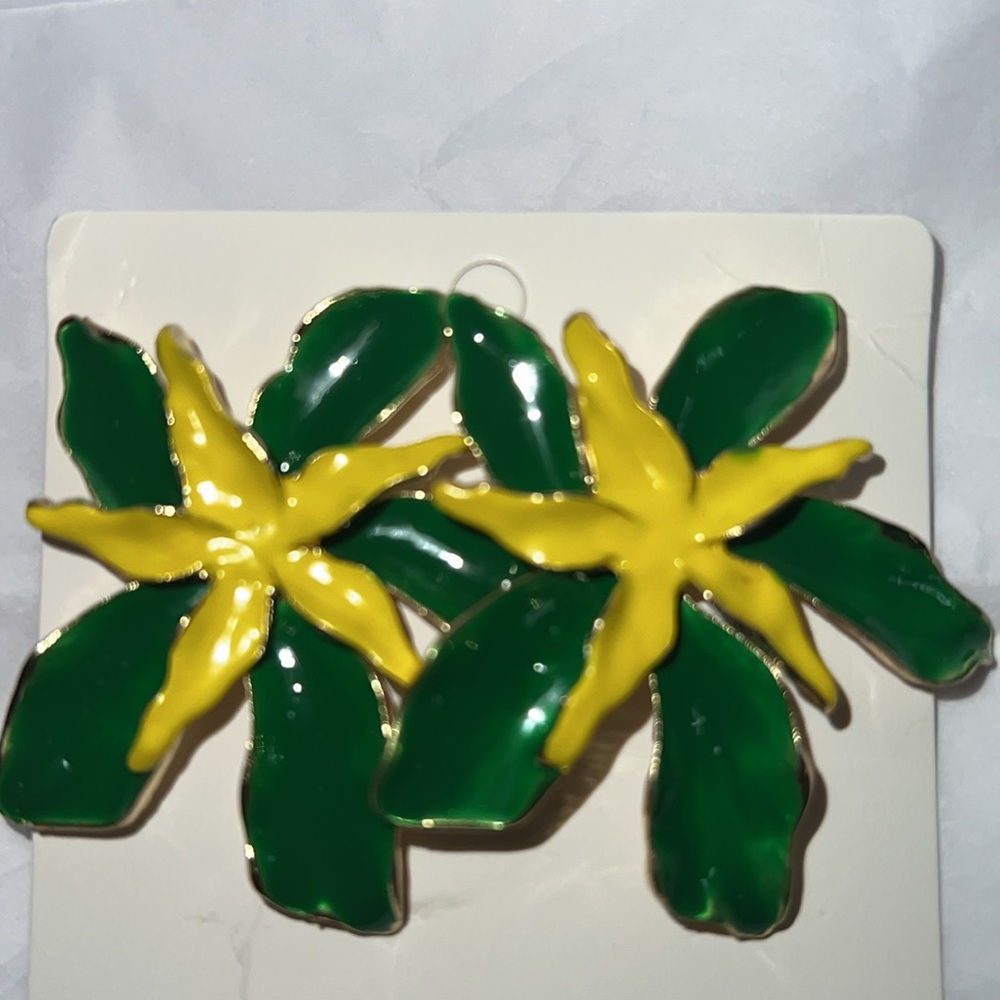 Green and Yellow Enamel Floral Earrings Pierced